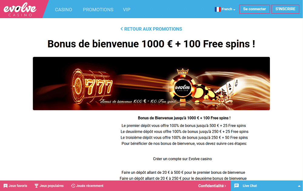 bonus de bienvenue 1000 euros + 100 free spins evolve casino