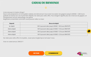 cadeau de bienvenue sur casino dingo