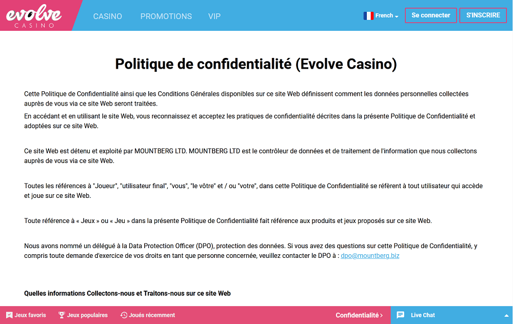 politique de confidentialite Evolve casino
