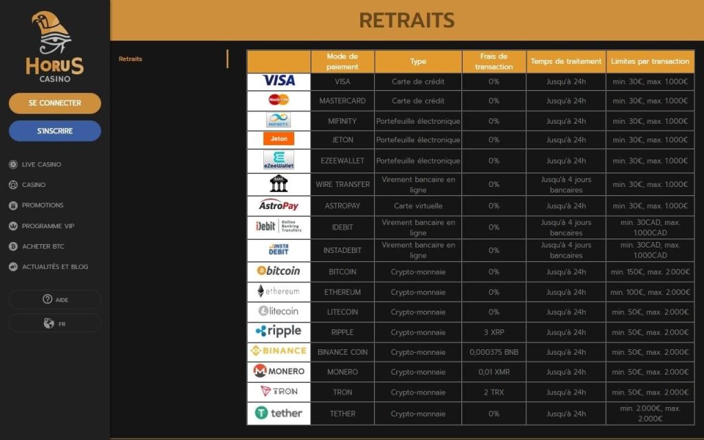 Horus Casino retrait
