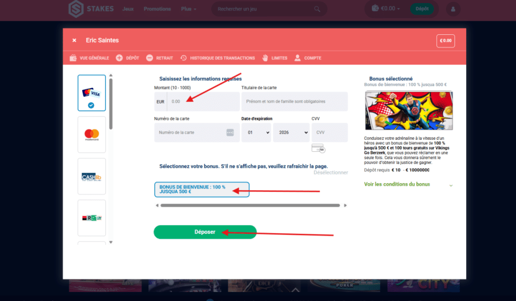 Stakes Faire un dépôt Etape 3