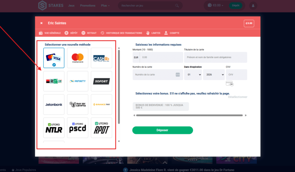 Stakes Casino Faire un dépôt étape 2