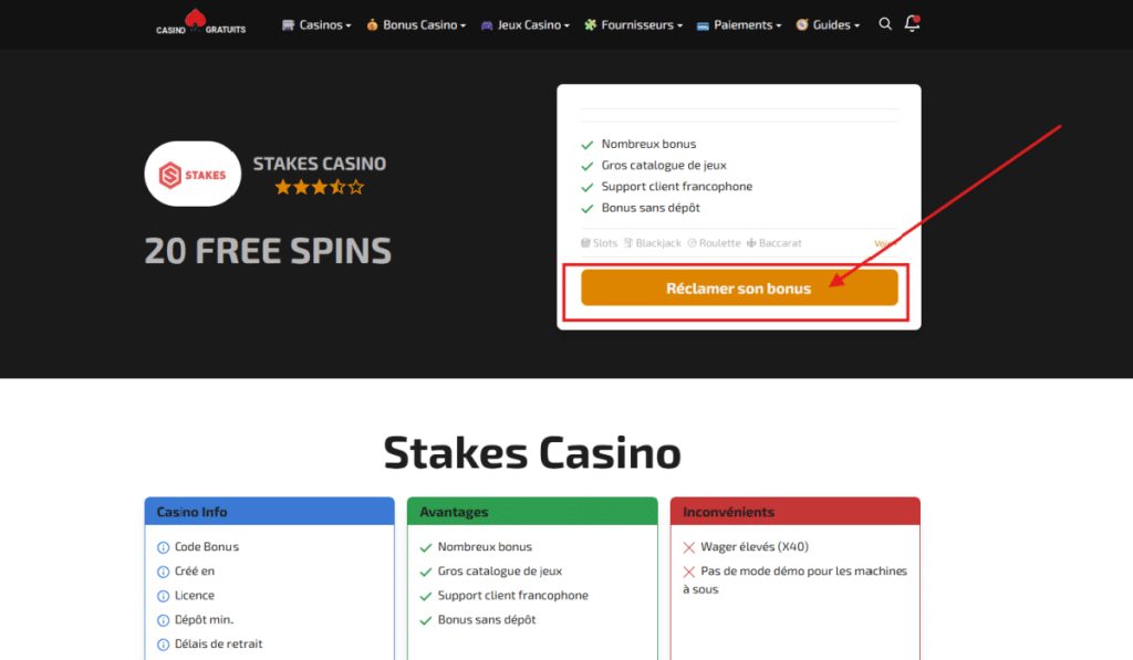 Stakes Casino obtenir un bonus sans dépôt Etape 1