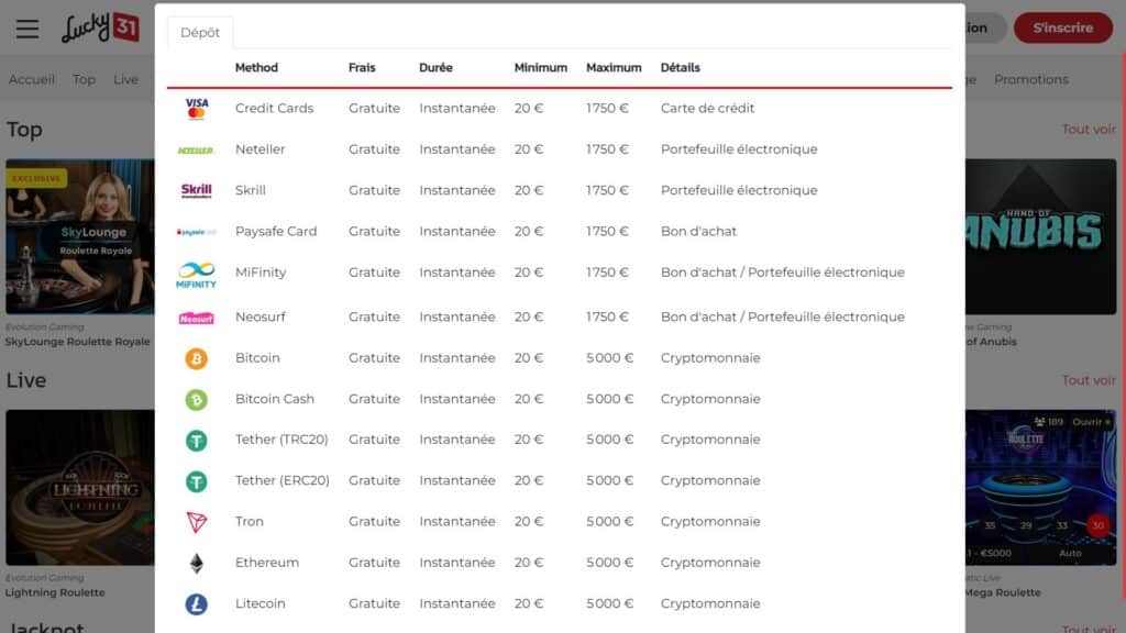 moyens pour deposer sur Lucky31