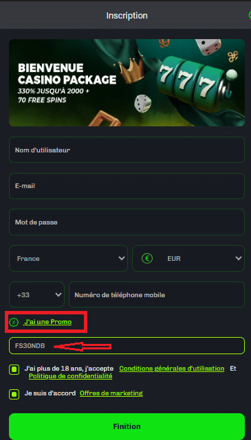 inscription code bonus sans depot velobet