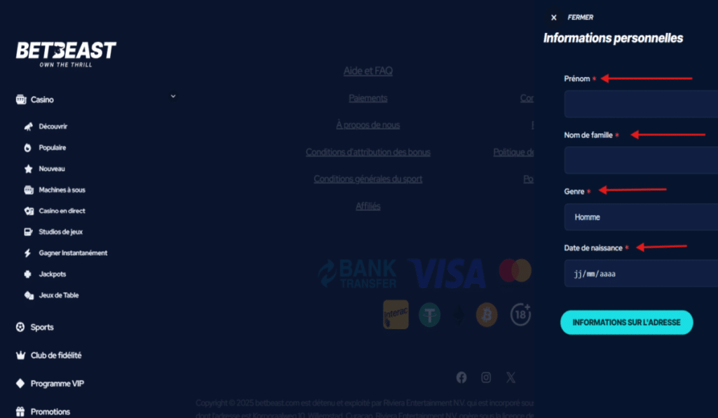 Bet Beast Comment s'inscrire formulaire etape 2 ---