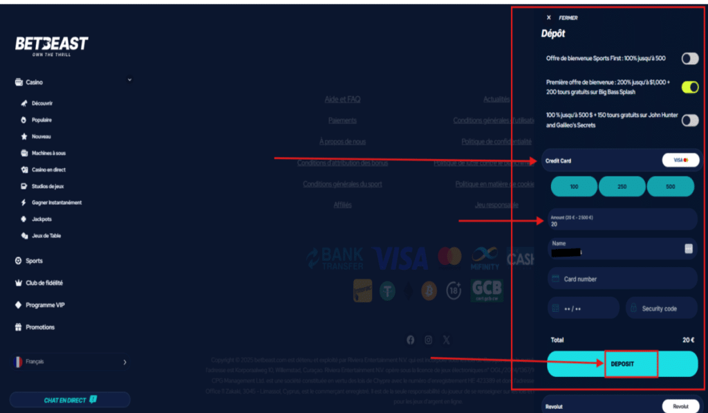 BetBeast Comment faire un dépôt étape 3----