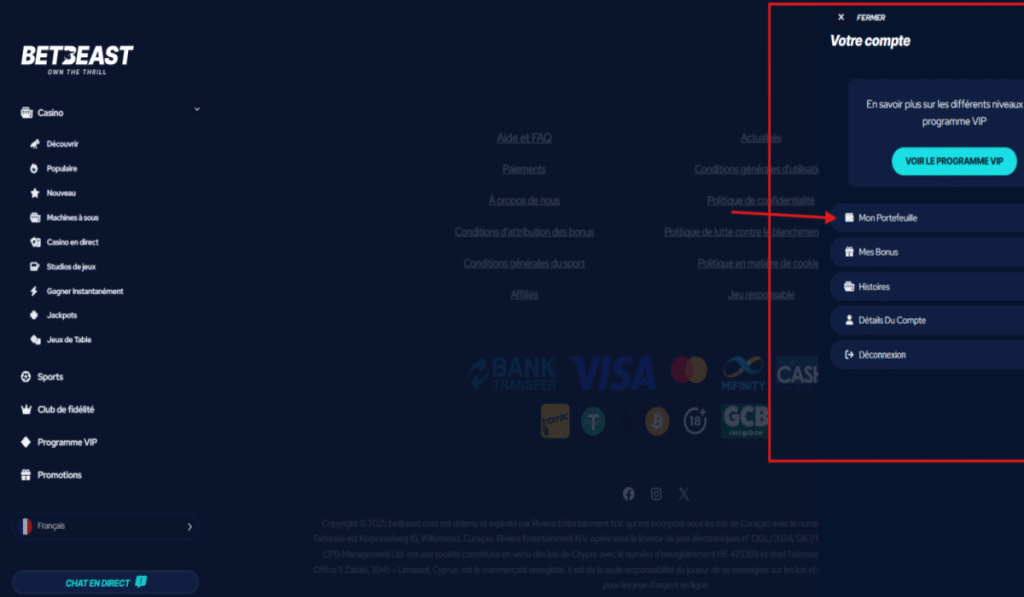 BetBeast faire un retrait Etape 1---