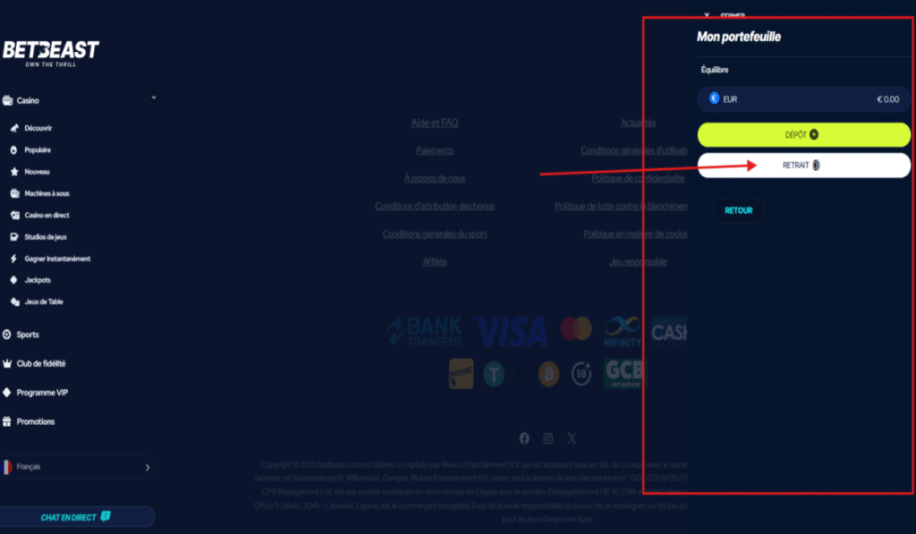 BetBeast faire un retrait étape 2