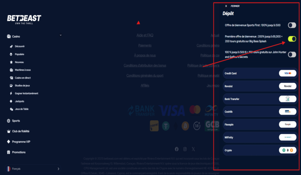 BetBeat Comment faire un dépôt étape 2-----