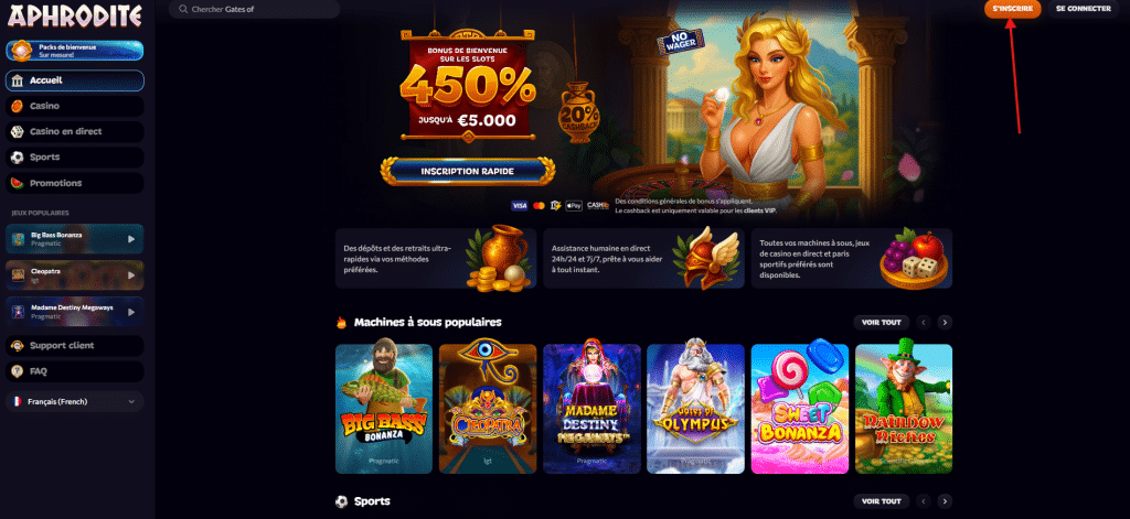 Comment s’inscrire sur Aphrodite Casino etape 1