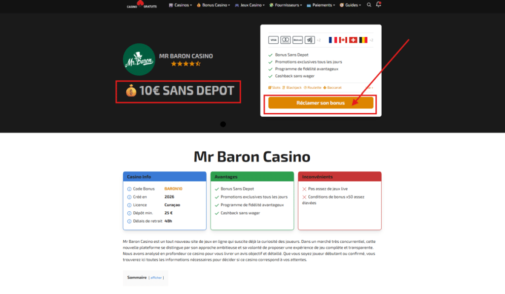 Mr Baron Obtenir un Bonus sans dépôt