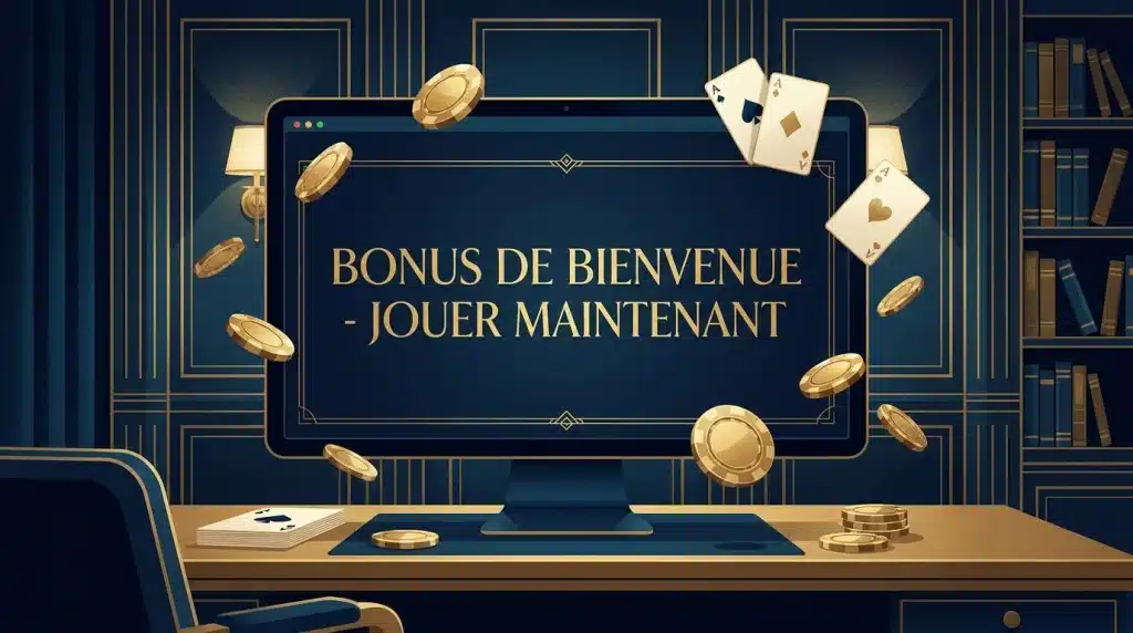 Illustration d'un bonus de bienvenue au casino en ligne avec jetons et écran numérique