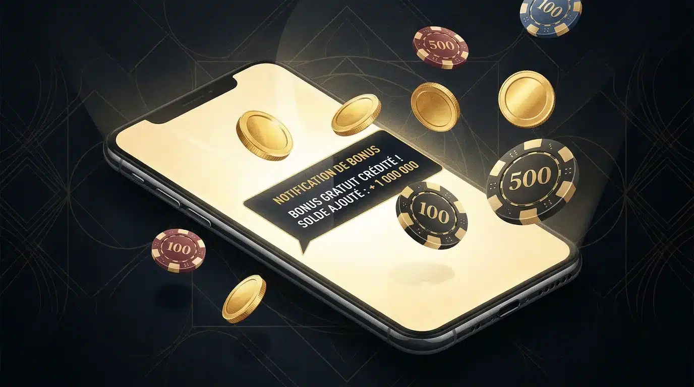 Smartphone affichant un bonus sans dépôt crédité instantanément sur un compte de casino en ligne