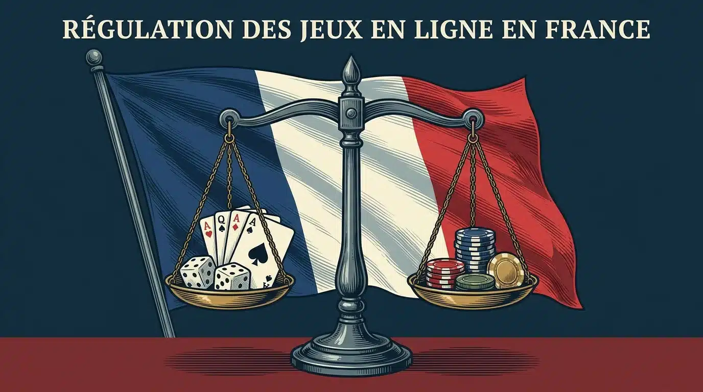 Illustration de la réglementation française des jeux en ligne avec balance de justice et symboles de casino