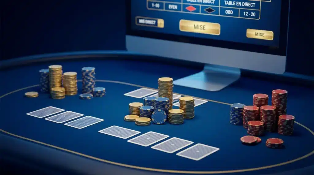 Table de casino en ligne avec jetons et cartes sur fond élégant bleu et or