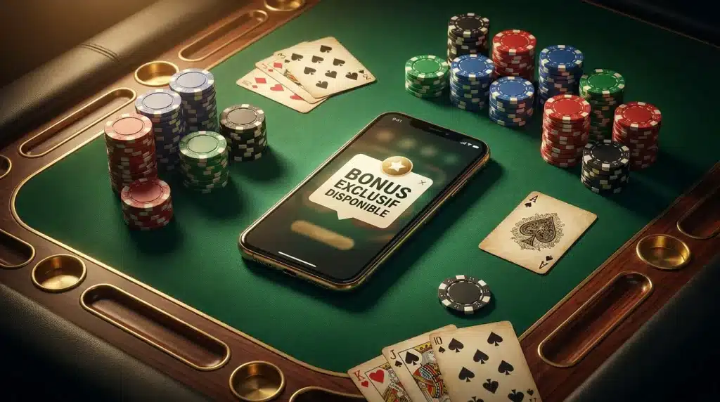 Table de casino élégante avec jetons et smartphone affichant un bonus sans dépôt