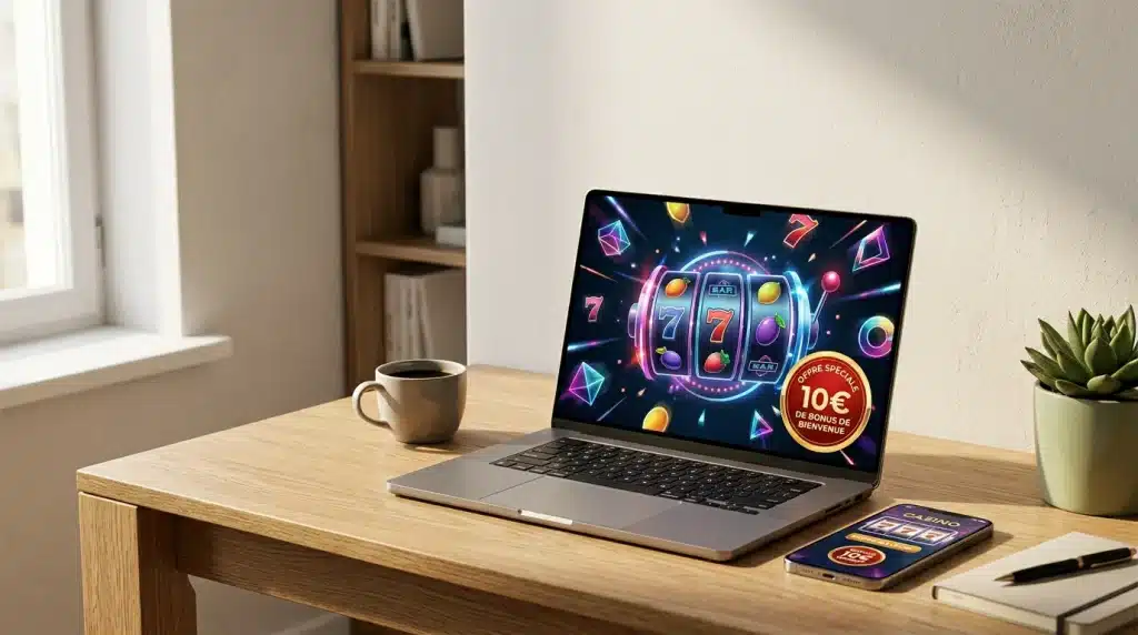 Bonus de 10 euros sur un casino en ligne affiché sur un ordinateur portable