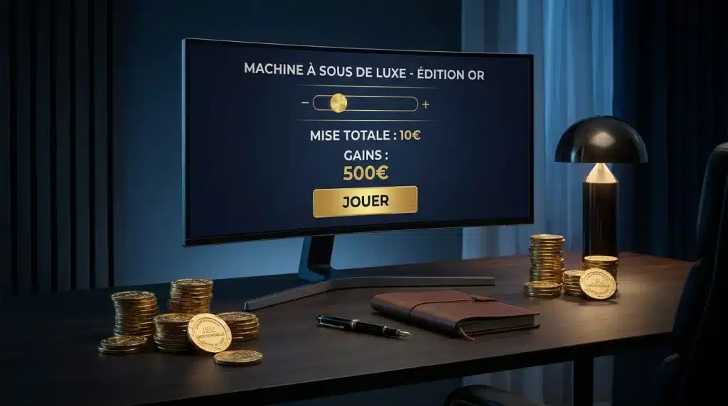 Bureau avec écran de casino en ligne et jetons dorés illustrant un bonus de 10 euros sans dépôt