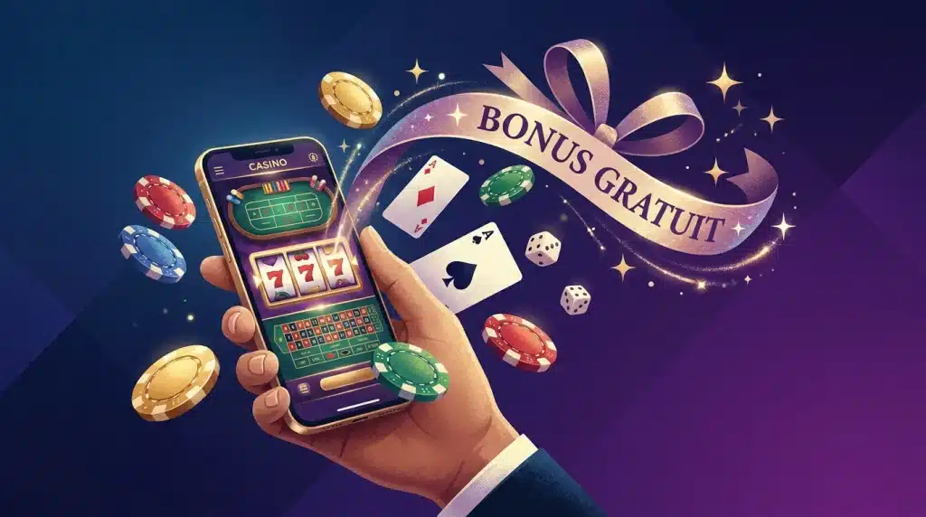 Bonus gratuit de casino sans dépôt symbolisé par des jetons et un cadeau sur smartphone