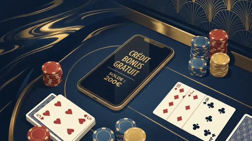 Vue de dessus d'une table de casino en ligne avec jetons, cartes et smartphone affichant un bonus gratuit