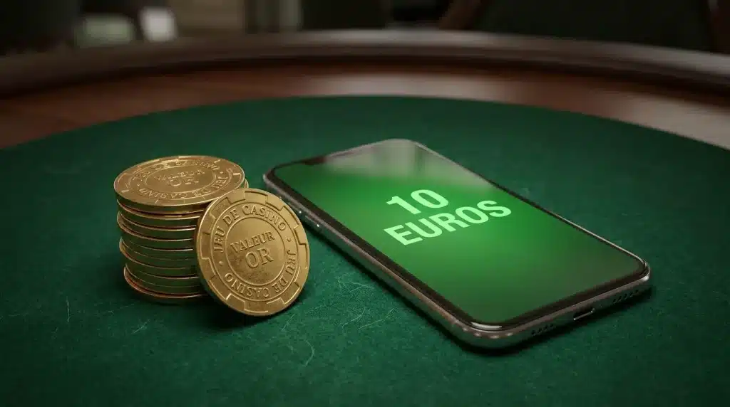 Jetons de casino et smartphone affichant un bonus de 10 euros sans dépôt