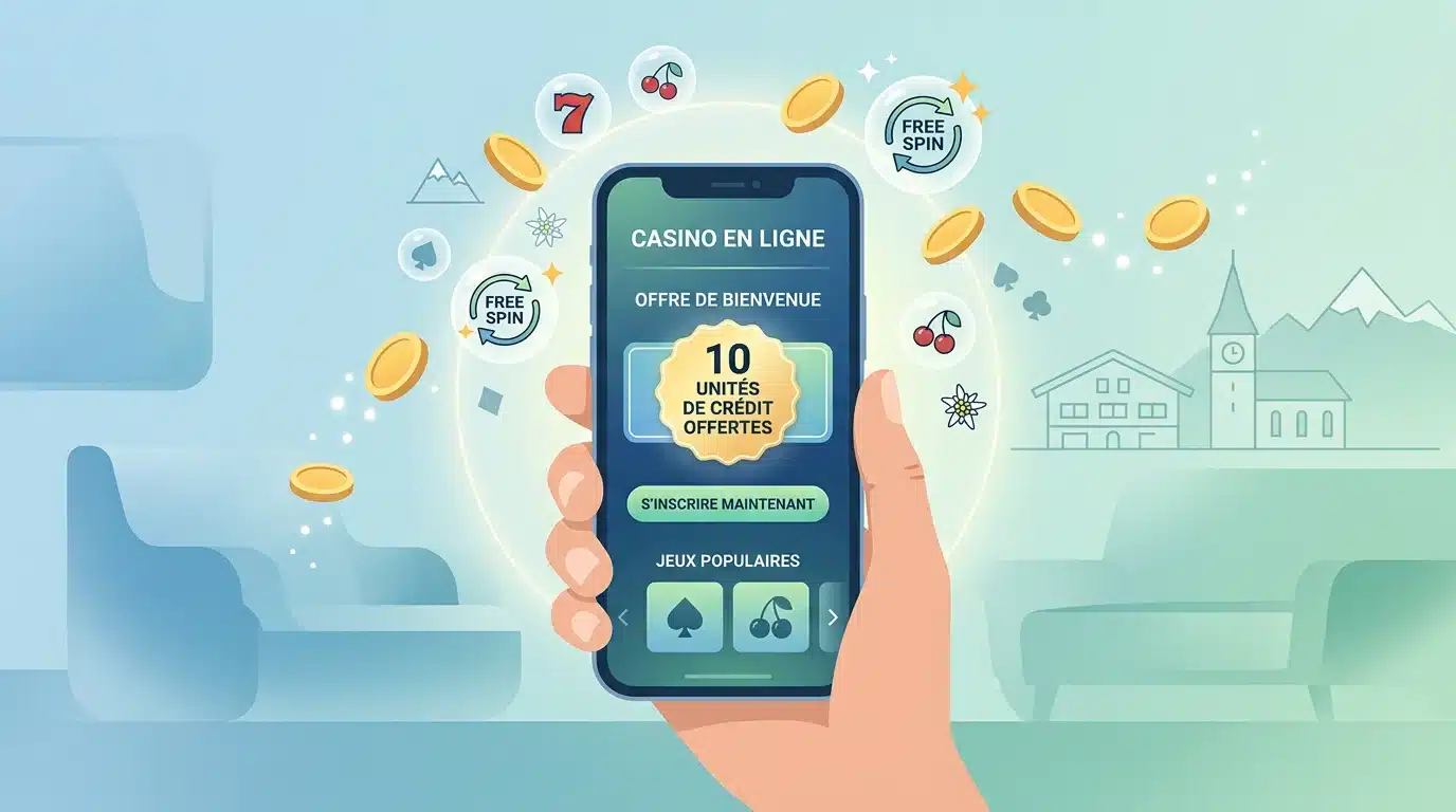 Illustration d'un bonus de 10€ sans dépôt affiché sur un smartphone de casino en ligne