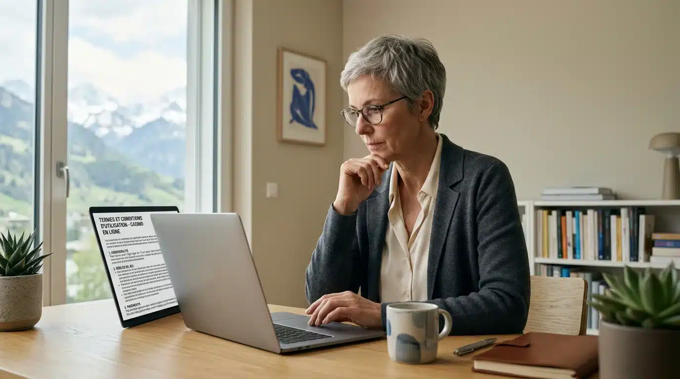 Joueur consultant les conditions d'un bonus de casino sur un ordinateur portable en Suisse