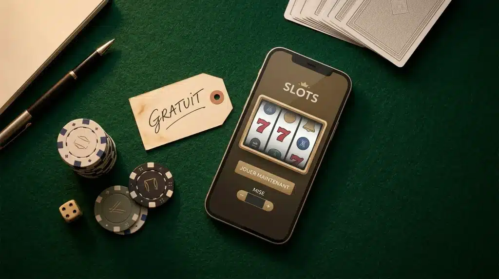 Composition évoquant un casino en ligne avec jetons, smartphone et étiquette bonus gratuit