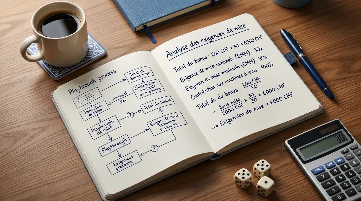 Bureau avec calculatrice et notes illustrant le calcul des conditions de mise