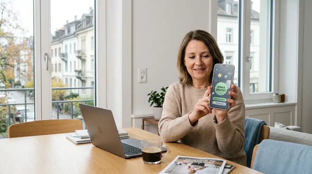 Personne consultant une offre de casino sans dépôt sur son smartphone