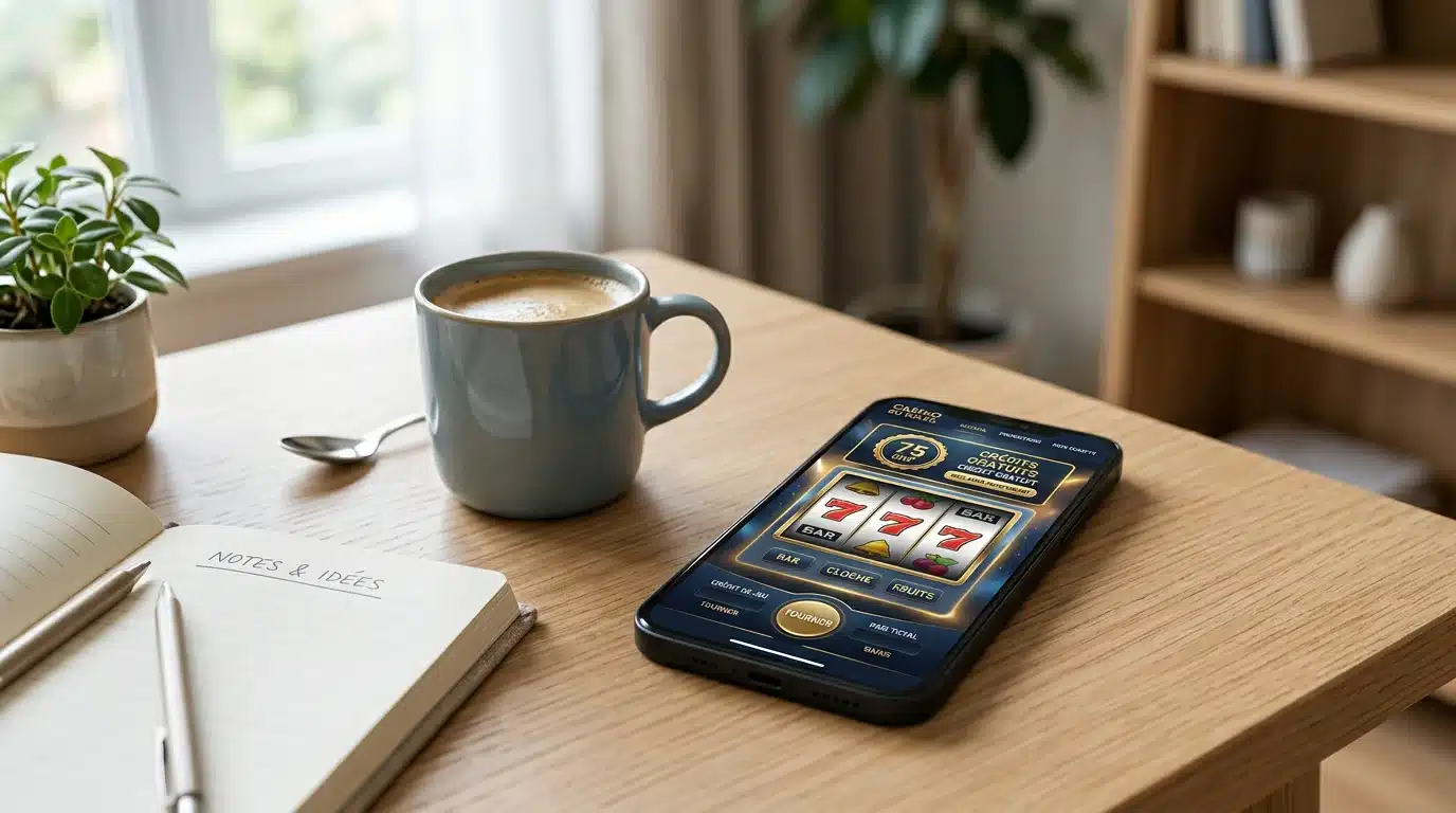 Smartphone affichant une interface de casino en ligne avec un crédit gratuit