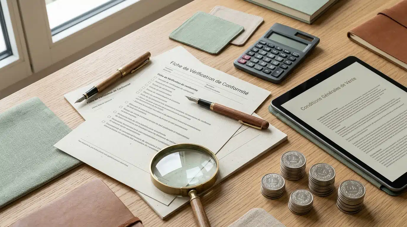 Bureau avec une check-list, une loupe et des pièces symbolisant les conditions de retrait