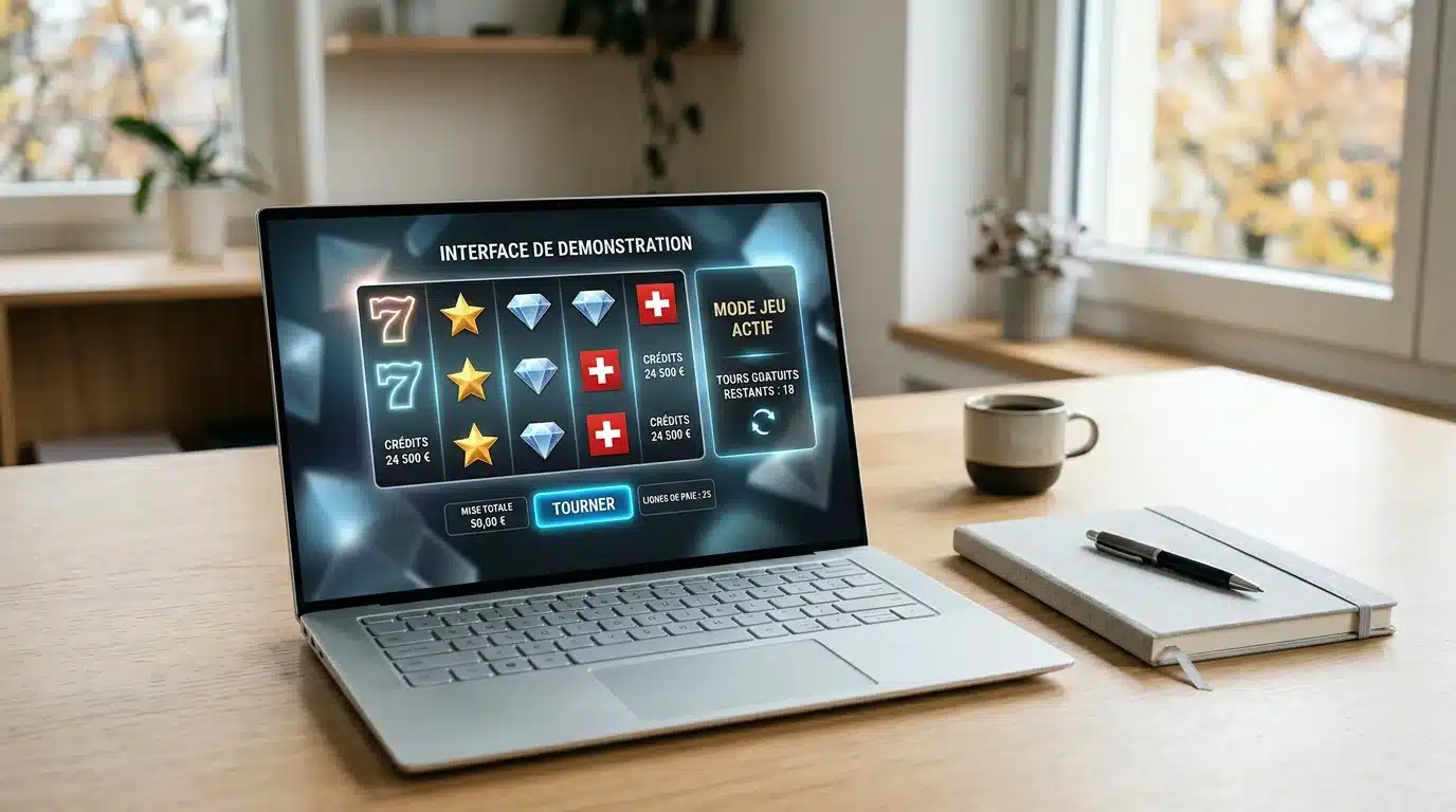 Écran affichant une interface de machine à sous avec des tours gratuits