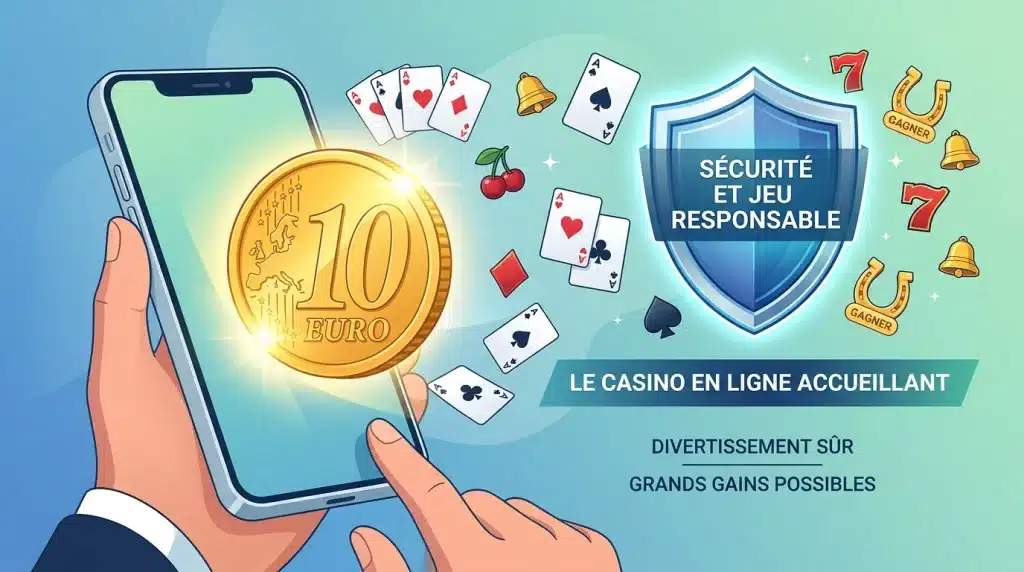 Pièce de 10 euros émergeant d'un smartphone symbolisant le bonus casino sans dépôt