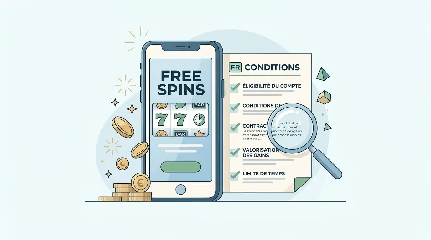 Illustration éditoriale d'un bonus de tours gratuits sur mobile avec conditions à vérifier