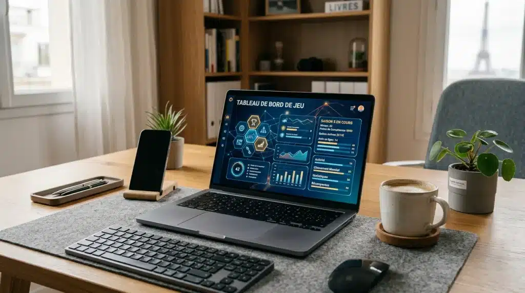 Poste de travail moderne avec ordinateur portable affichant une offre de casino en ligne