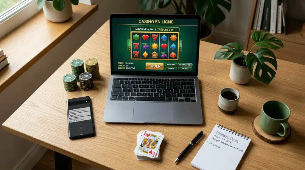 Bureau moderne avec ordinateur portable affichant un casino en ligne et jetons
