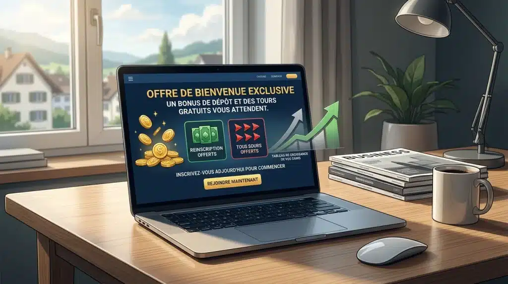Ordinateur portable affichant une offre de casino en ligne avec bonus sans dépôt encaissable