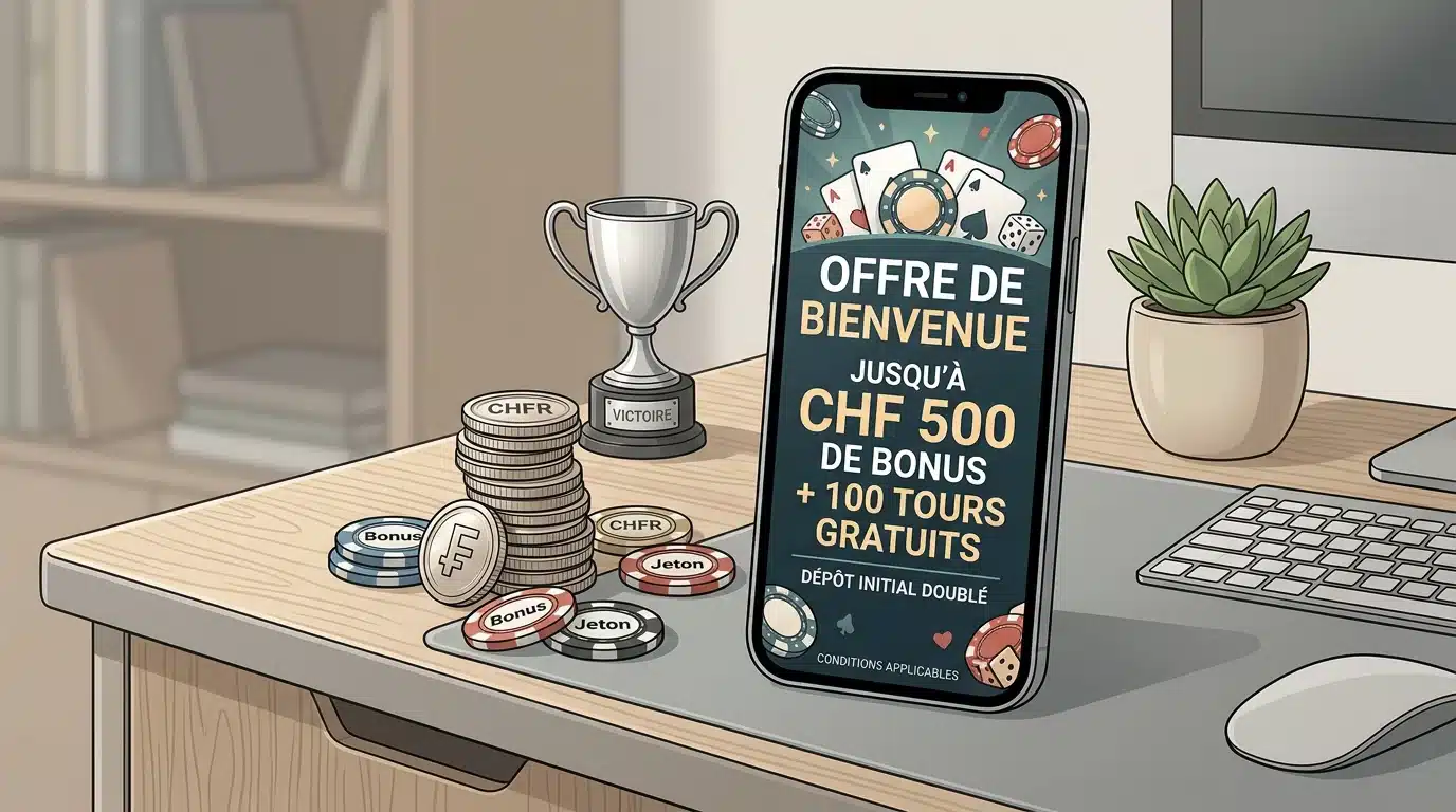 Illustration d'un bonus sans dépôt encaissable affiché sur un smartphone avec des pièces