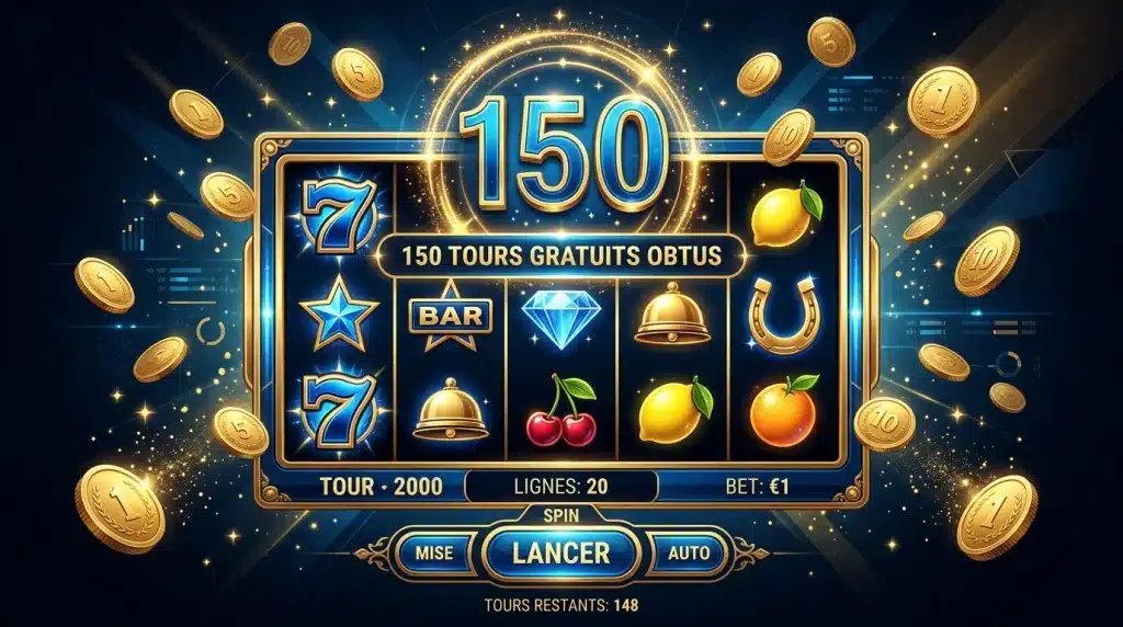 Machine à sous en ligne symbolisant 150 tours gratuits sans dépôt en 2026