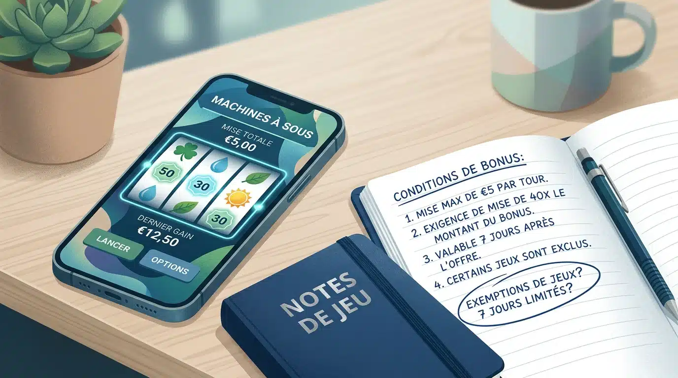 Écran de machine à sous affichant des tours gratuits avec des notes sur les conditions de bonus