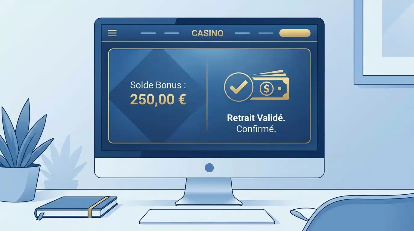 Interface de casino en ligne montrant un bonus sans dépôt avec option de retrait validée