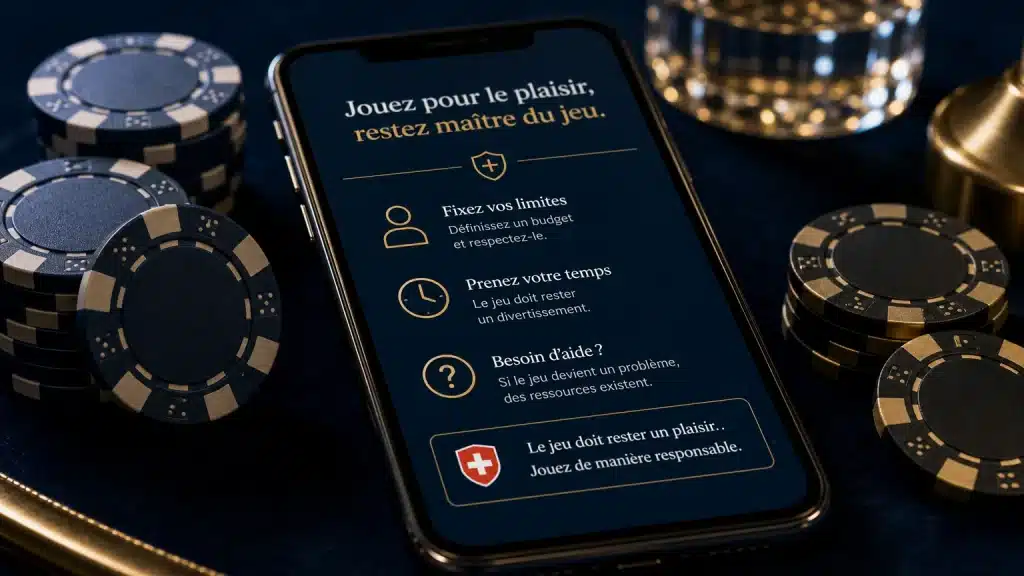 Jetons de casino et smartphone sur une table sombre évoquant le jeu en ligne