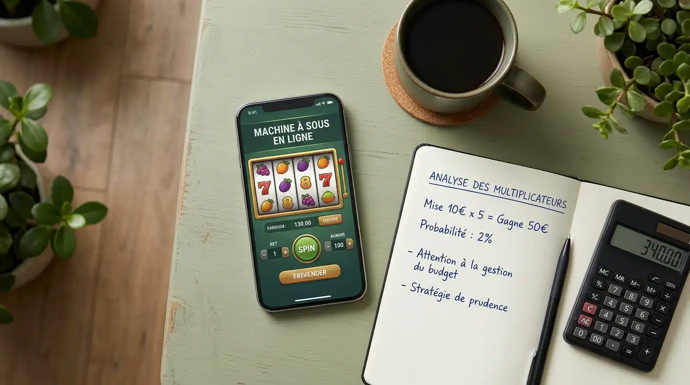 Bureau avec smartphone affichant un jeu de casino et calculs des conditions de mise