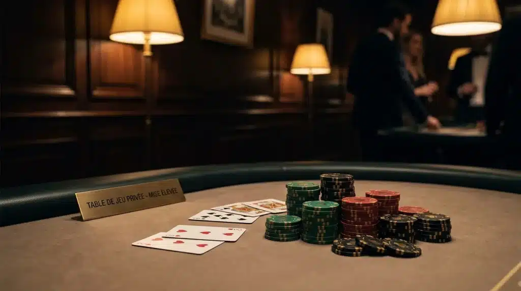 Table de casino élégante avec jetons et cartes illustrant les bonus de casino en ligne