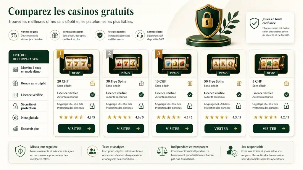 Comparatif des casinos gratuits sans dépôt en Suisse