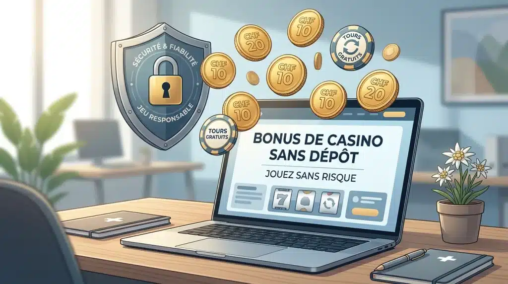 Illustration d'un bonus sans dépôt de casino en ligne avec pièces et symbole de sécurité