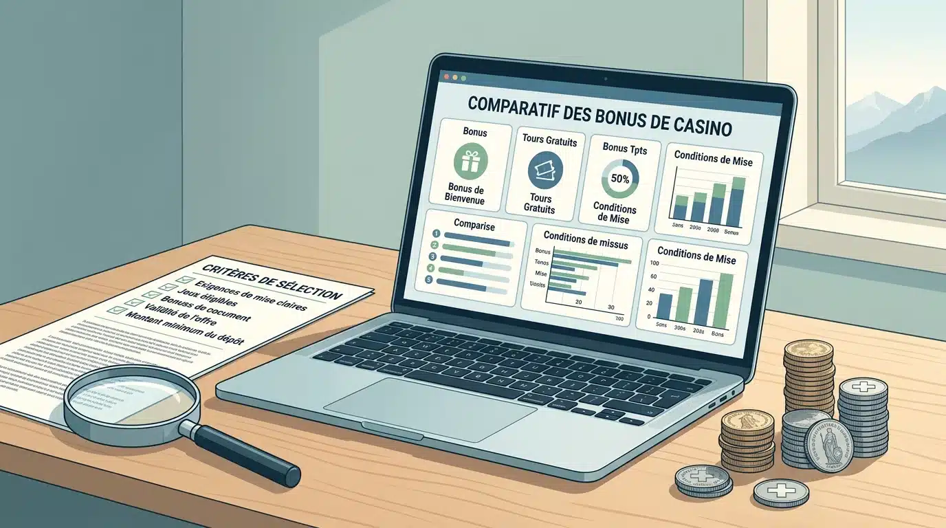 Bureau avec ordinateur affichant une comparaison de bonus sans dépôt