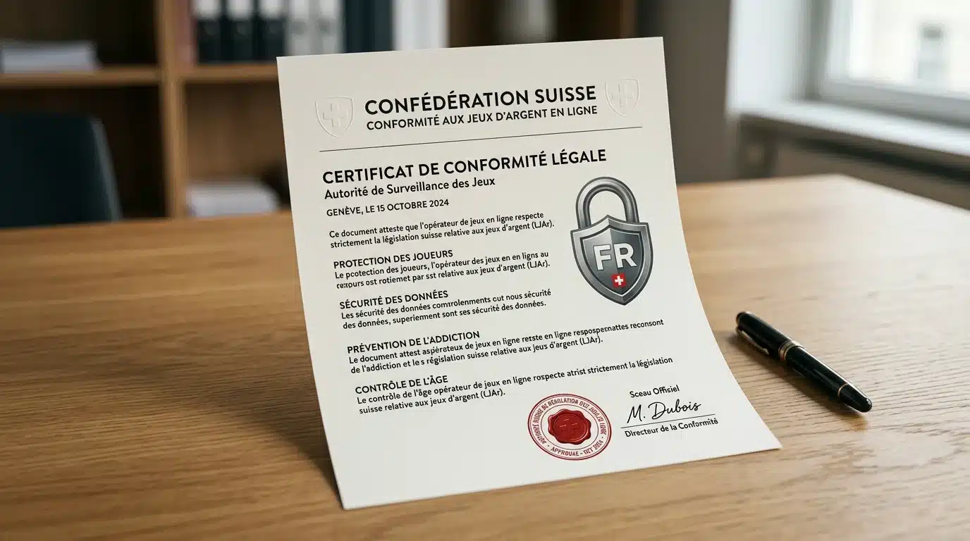 Document officiel et symboles de sécurité pour un casino en ligne agréé